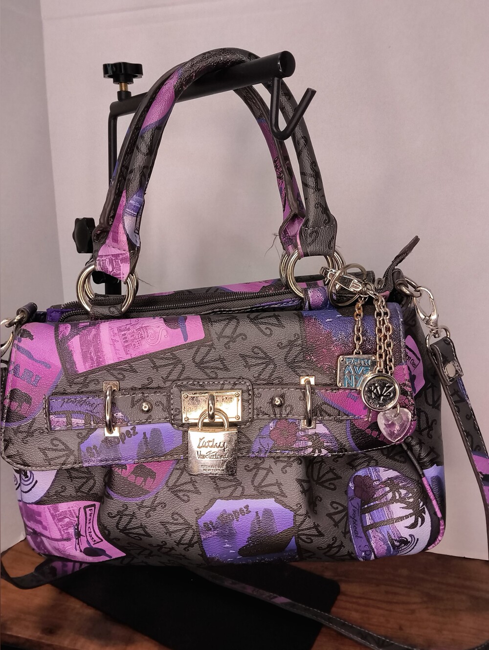 Kathy VanZeeland Brand Purple and Gray Graphic Shoulder Bag with Gold Hardware